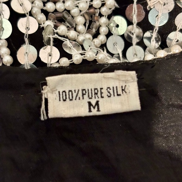 VINTAGE 80s Unbranded Black Silver Sequined Beaded Leaf Design Silk Lined Top M - Picture 7 of 7